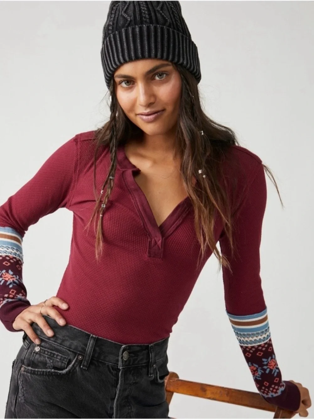 Free People Burgundy Mikah Layering Long Sleeve Henley with Patterned Cuffs - Picture 2 of 6